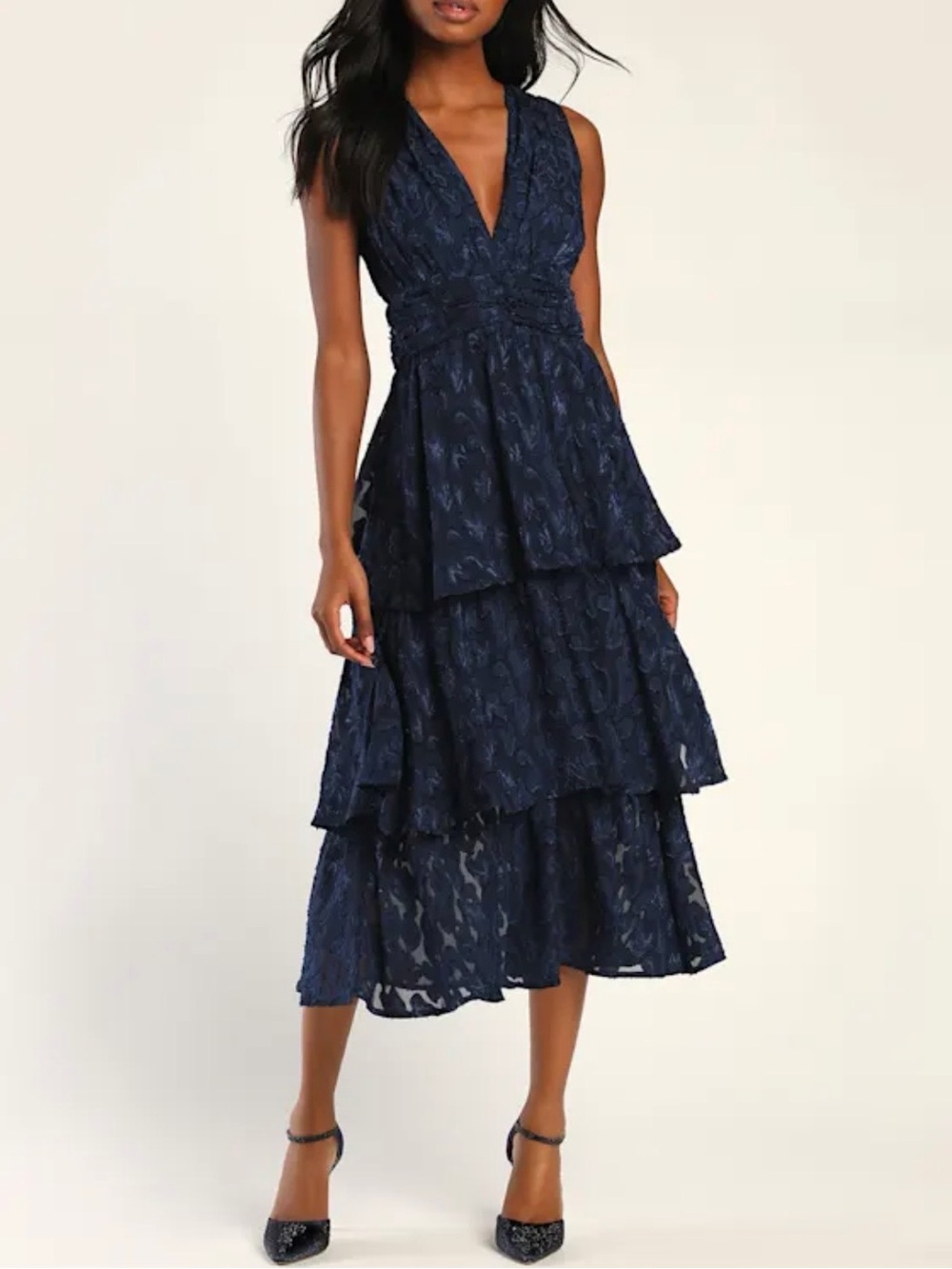 Lulus Make It Mesmerizing Navy Blue Jacquard Tiered Midi Dress NWT Medium